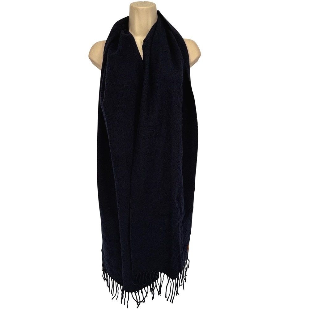 Fjallraven Wool Scarf Fringe Solid Navy Leather Patch Unisex 81 in